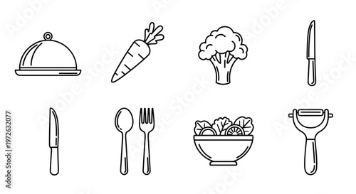 Collection of simple line art icons representing food and kitchen utensils
