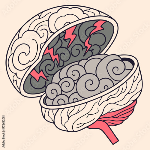 Detailed illustration of an open human brain with red lightning bolts symbolizing mental stress, anxiety, intense thinking, or a creative breakthrough, mental health, gray matter
