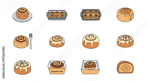 Collection of delicious cinnamon rolls with frosting and toppings