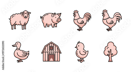 Cute farm animals and barn icons set in a simple, flat, cartoon style