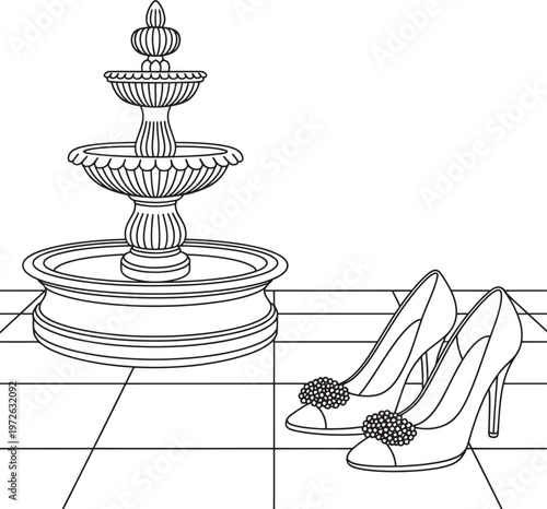 Elegant high heels beside ornate fountain, luxury fashion concept