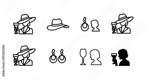 Elegant icons representing fashion, accessories, and celebratory drinks for women