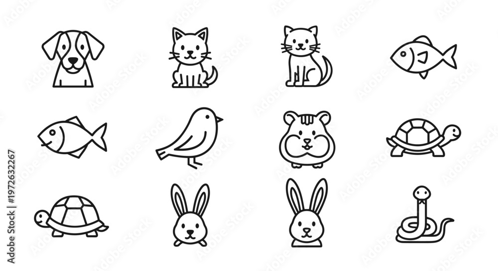 Fototapeta premium Collection of cute, simple line art icons representing various domestic and exotic animals