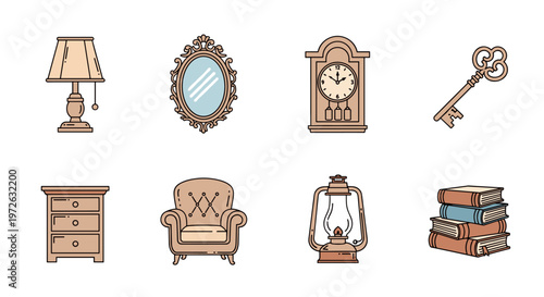 Collection of vintage furniture and decorative items in a flat design style
