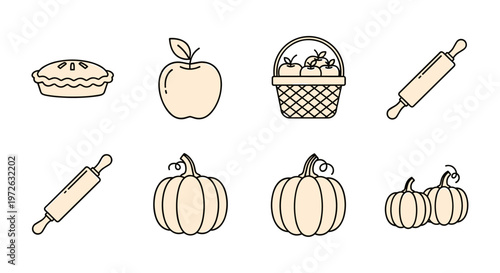 Autumn harvest baking icons: pie, apples, pumpkins, and rolling pins