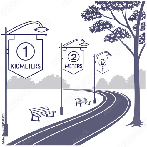 Scenic park road with ornate streetlights displaying various distance markers in kilometers and meters, winding through a peaceful natural landscape with trees and benches, urban park, city park