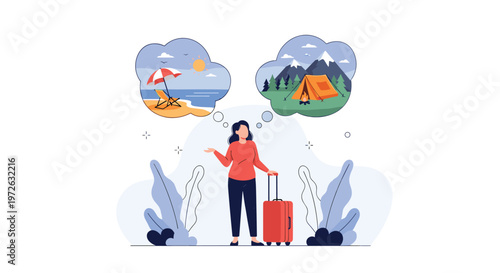 Traveler woman with a red suitcase standing and thinking about her next vacation destination between a sunny beach and snowy mountains.