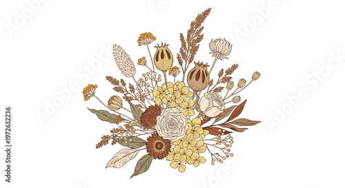 Bohemian dried flower arrangement with roses and poppy seed pods in muted earth tones