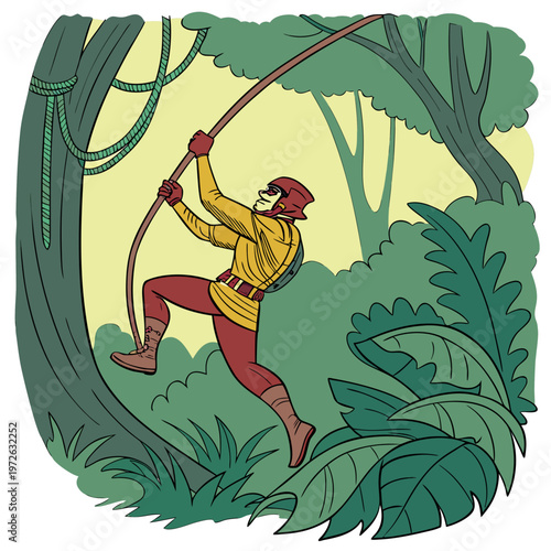 Adventurous masked figure swinging on a vine through a dense jungle environment with pop art