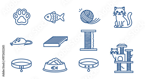 Collection of cute blue line art icons representing cat essentials and toys