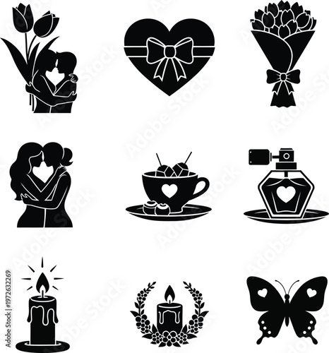 Title elegant mother s day vector icons flowers hearts and gifts for celebrations description a collection of black silhouette vector icons representing mother s