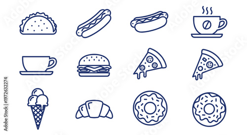 Collection of popular fast food and drink icons in a simple line art style