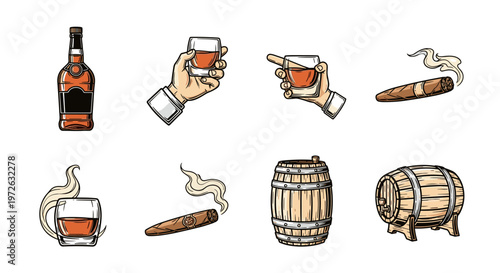 Collection of whiskey, cigars, and barrels for a sophisticated adult lifestyle