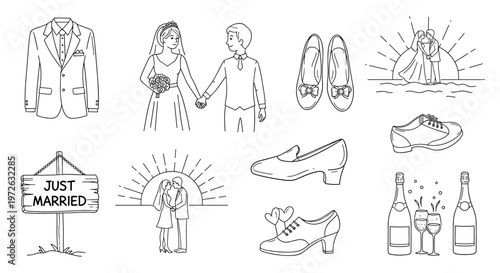Wedding day essentials and celebration icons in a simple line art style