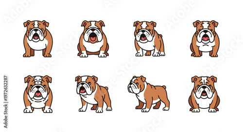 Collection of cute cartoon bulldog illustrations in various poses and expressions