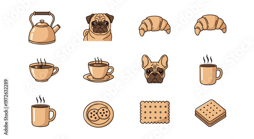 Cute cartoon pug and french bulldog with coffee and pastries for breakfast