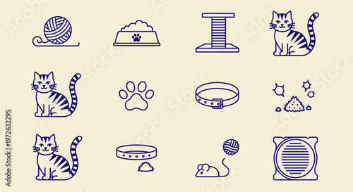 Collection of cute cat icons and accessories for pet care and play