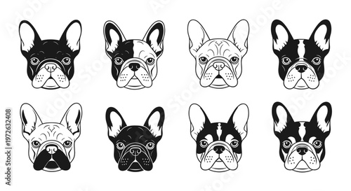 Collection of eight French Bulldog head illustrations in various black and white styles
