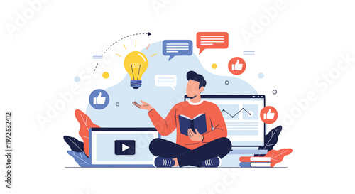 Creative man sitting cross-legged and reading a book while surrounded by laptops, glowing light bulb, and social media likes icons.