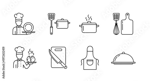 Various kitchen utensils and a chef in minimalist line art style