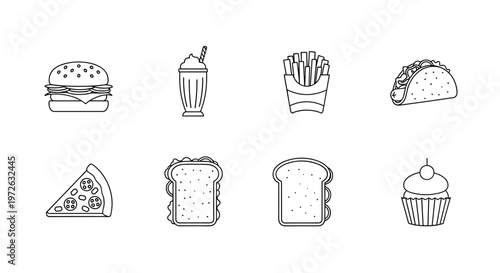 Collection of simple line art icons representing popular fast food items