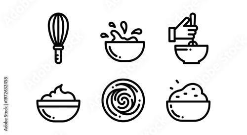 Collection of line art icons representing food preparation and mixing processes