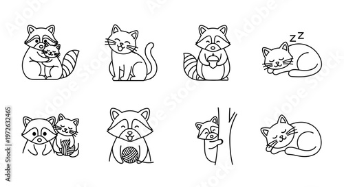 Cute cartoon raccoons and cats in various adorable poses and activities