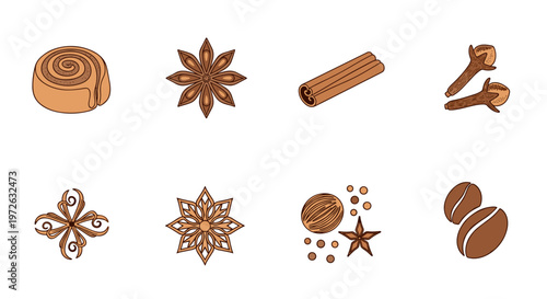 Collection of aromatic spices and coffee beans in a simple illustration style