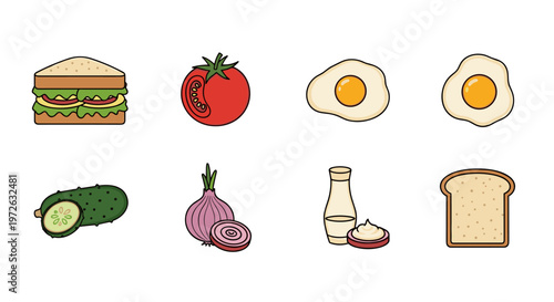 Collection of breakfast and sandwich ingredients in a simple cartoon style