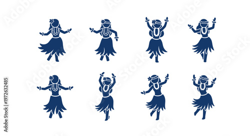 Collection of eight hula dancers in silhouette, showcasing various poses and movements