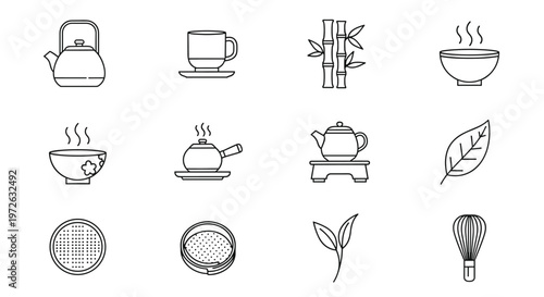 Collection of Japanese tea ceremony icons in a minimalist line art style