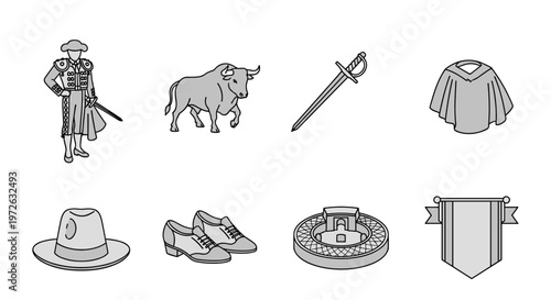 Collection of bullfighting elements and symbols in a minimalist line art style