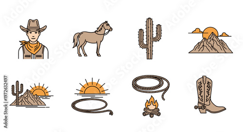Collection of western themed icons including cowboy, horse, cactus, and mountains