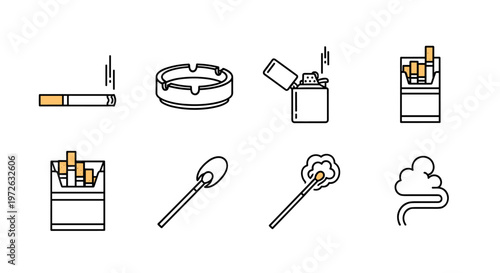 Collection of smoking accessories and symbols in a clean line art style