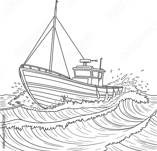 Fishing boat struggling in rough sea waves, turbulent ocean weather