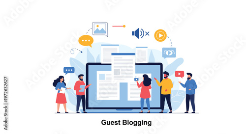Diverse group of people collaborating on guest blogging content around a large laptop with various media and document icons.