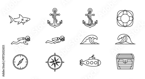 Collection of nautical and underwater adventure icons for design