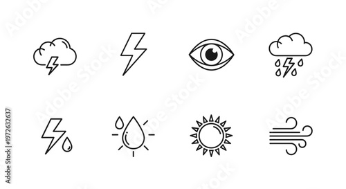 Collection of weather icons including sun, rain, lightning, wind, and eye symbol