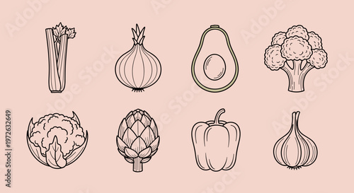 Collection of healthy vegetables and fruits in a simple line art style