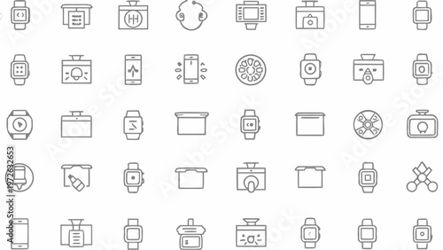Collection of modern technology device icons in white outline style featuring smartwatches smartphones and digital gadgets for web and app design concepts