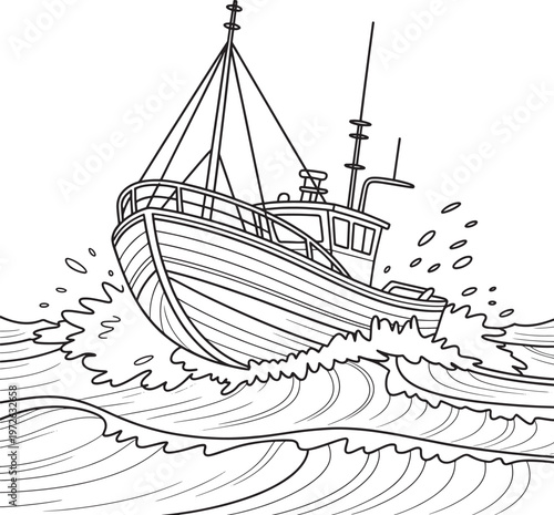 Fishing boat struggling in rough stormy sea waves