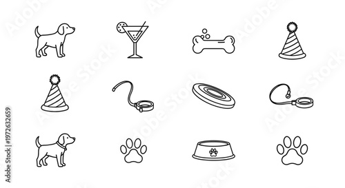 Collection of dog-related icons for pet care and celebrations