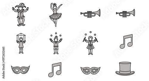 Collection of circus and performance icons including a jester, ballerina, trumpets, and masks