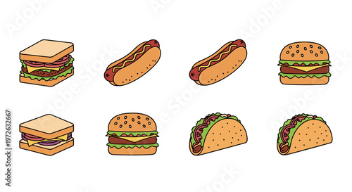 Collection of stylized fast food icons including burgers, hot dogs, and tacos