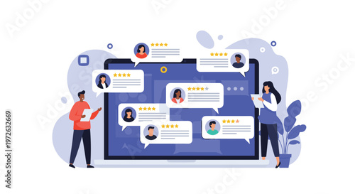 Business professionals reviewing customer testimonials and star ratings on a large laptop screen for reputation management.