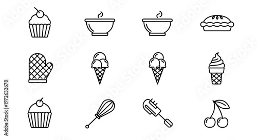 Collection of simple line art icons representing baking and dessert items