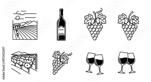 Set of line art icons representing wine production and enjoyment