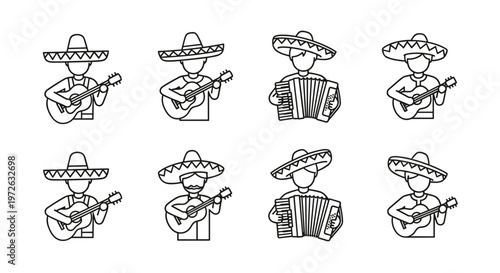 Set of Mexican musicians playing guitar and accordion in traditional sombreros