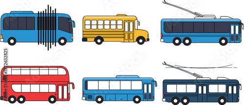 Collection of colorful bus illustrations including city bus, school bus, trolleybus, double‑decker, and intercity coach transportation vector