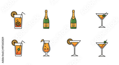 Collection of colorful flat icons representing alcoholic beverages and drinks